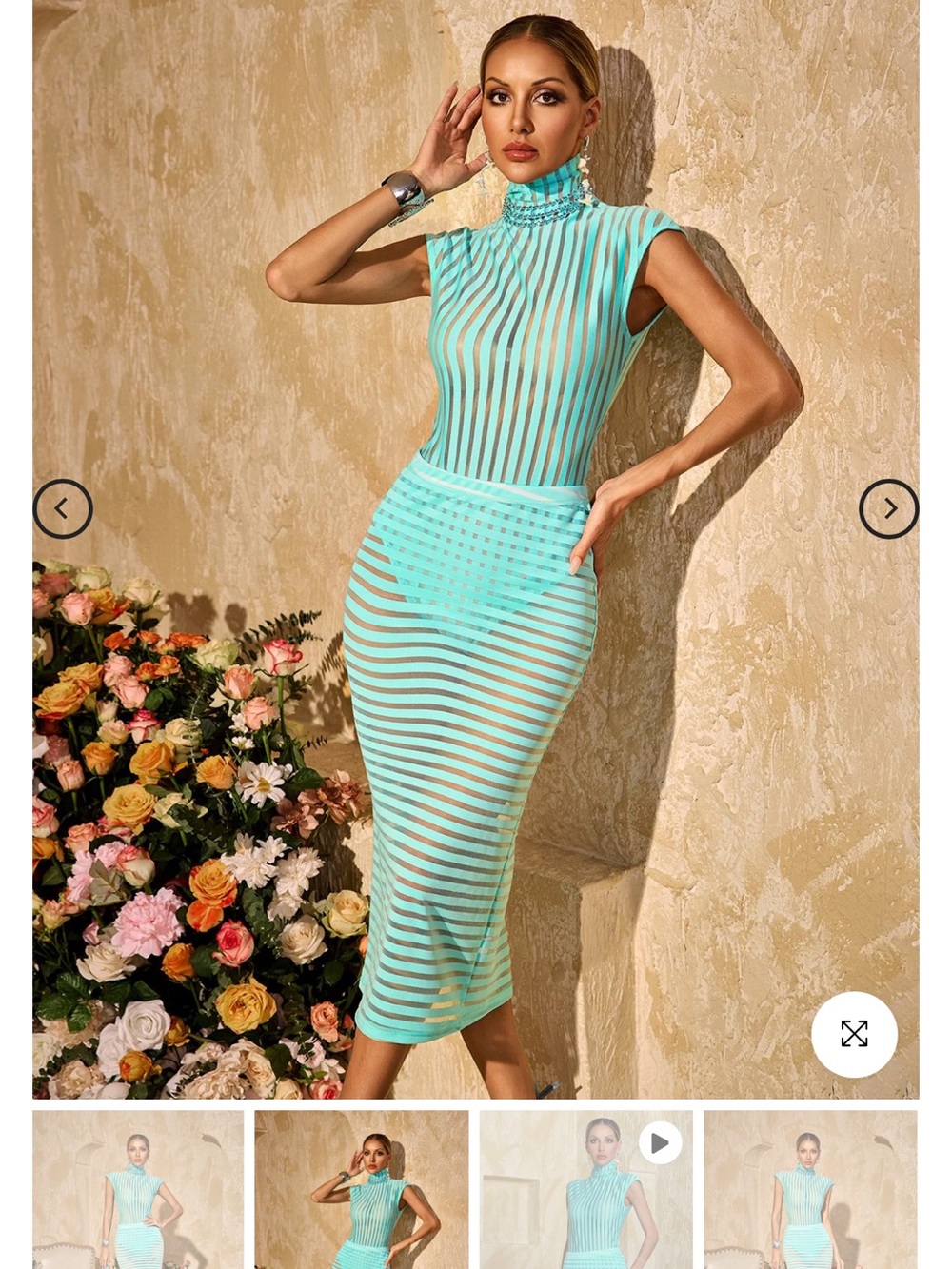 Mint Striped Sheer Midi Dress with High Neck